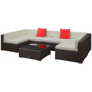 Outsunny 7 Pieces Patio Sofa Outdoor Wicker Sectional Patio Furniture, Dark Brown & Beige - Image 23