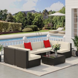 Outsunny 7 Pieces Patio Sofa Outdoor Wicker Sectional Patio Furniture, Dark Brown & Beige - Image 18