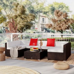 Outsunny 7 Pieces Patio Sofa Outdoor Wicker Sectional Patio Furniture, Dark Brown & Beige - Image 19