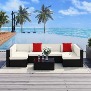 Outsunny 7 Pieces Patio Sofa Outdoor Wicker Sectional Patio Furniture, Dark Brown & Beige - Image 20