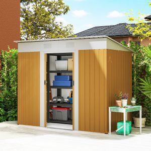 Outsunny 7' x 4' Outdoor Storage Shed, Metal Garden Tool Storage House Organizer with Lockable Sliding Doors and Vents for Backyard Patio Lawn, Yellow - Image 1