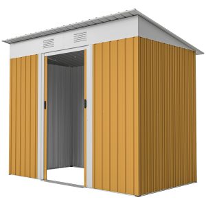Outsunny 7' x 4' Outdoor Storage Shed, Metal Garden Tool Storage House Organizer with Lockable Sliding Doors and Vents for Backyard Patio Lawn, Yellow - Image 2