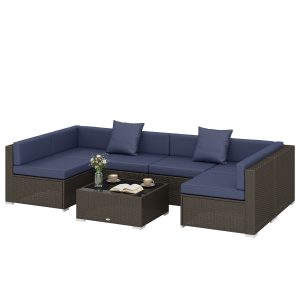Outsunny 7pc Garden Wicker Sectional Set w/ Tea Table Patio Rattan Lounge Sofa Outdoor Deck Furniture Navy Blue - Image 11