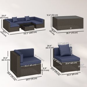 Outsunny 7pc Garden Wicker Sectional Set w/ Tea Table Patio Rattan Lounge Sofa Outdoor Deck Furniture Navy Blue - Image 12