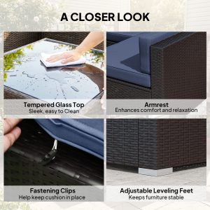 Outsunny 7pc Garden Wicker Sectional Set w/ Tea Table Patio Rattan Lounge Sofa Outdoor Deck Furniture Navy Blue - Image 16