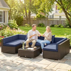 Outsunny 7pc Garden Wicker Sectional Set w/ Tea Table Patio Rattan Lounge Sofa Outdoor Deck Furniture Navy Blue - Image 17