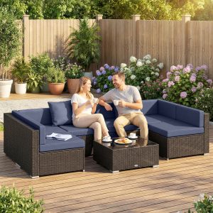 Outsunny 7pc Garden Wicker Sectional Set w/ Tea Table Patio Rattan Lounge Sofa Outdoor Deck Furniture Navy Blue - Image 19