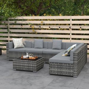 Outsunny 7pc Garden Wicker Sectional Set with Tea Table Patio Rattan Lounge Sofa Outdoor Deck Furniture Light Grey - Image 1