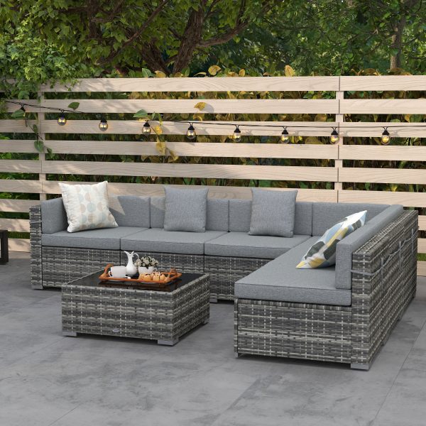 Outsunny 7pc Garden Wicker Sectional Set with Tea Table Patio Rattan Lounge Sofa Outdoor Deck Furniture Light Grey - Image 1