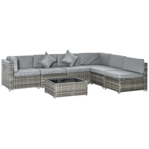 Outsunny 7pc Garden Wicker Sectional Set with Tea Table Patio Rattan Lounge Sofa Outdoor Deck Furniture Light Grey - Image 13
