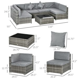Outsunny 7pc Garden Wicker Sectional Set with Tea Table Patio Rattan Lounge Sofa Outdoor Deck Furniture Light Grey - Image 3