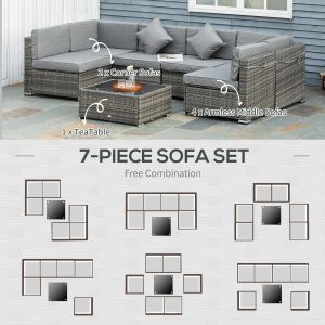Outsunny 7pc Garden Wicker Sectional Set with Tea Table Patio Rattan Lounge Sofa Outdoor Deck Furniture Light Grey - Image 6