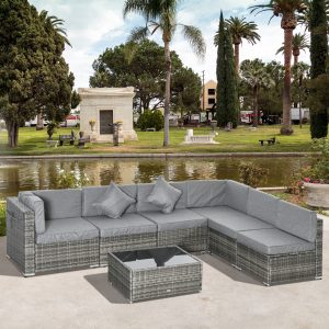 Outsunny 7pc Garden Wicker Sectional Set with Tea Table Patio Rattan Lounge Sofa Outdoor Deck Furniture Light Grey - Image 8