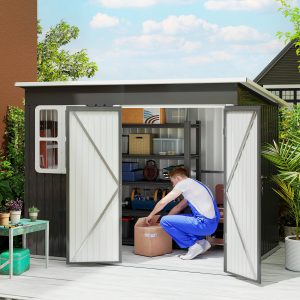 Outsunny 8.5' x 6' Galvanised Steel Outdoor Storage Shed, Garden Shed with Window, Lockable Wide Doors and Air Vents, Dark Grey - Image 1