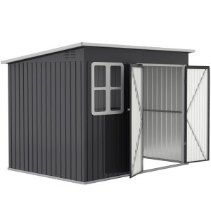 Outsunny 8.5' x 6' Galvanised Steel Outdoor Storage Shed, Garden Shed with Window, Lockable Wide Doors and Air Vents, Dark Grey - Image 2
