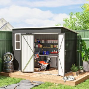 Outsunny 8.5' x 6' Galvanised Steel Outdoor Storage Shed, Garden Shed with Window, Lockable Wide Doors and Air Vents, Dark Grey - Image 14