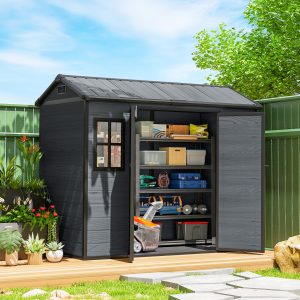Outsunny 8 x 4 ft Resin Garden Shed, Wood-Effect Outdoor Storage Shed with Floor, Windows, Lockable Doors and Vents, Dark Grey - Image 1