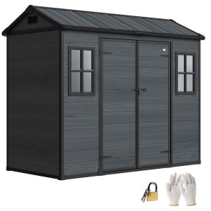 Outsunny 8 x 4 ft Resin Garden Shed, Wood-Effect Outdoor Storage Shed with Floor, Windows, Lockable Doors and Vents, Dark Grey - Image 21