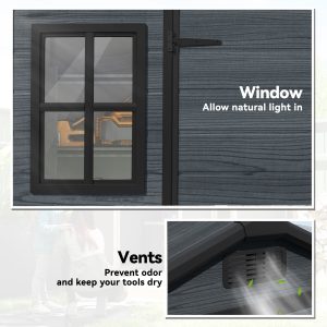 Outsunny 8 x 4 ft Resin Garden Shed, Wood-Effect Outdoor Storage Shed with Floor, Windows, Lockable Doors and Vents, Dark Grey - Image 15