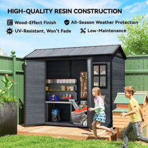 Outsunny 8 x 4 ft Resin Garden Shed, Wood-Effect Outdoor Storage Shed with Floor, Windows, Lockable Doors and Vents, Dark Grey - Image 19