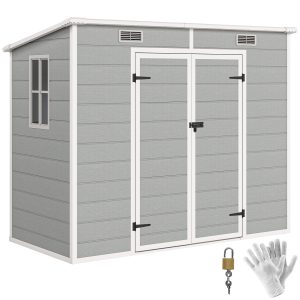 Outsunny 8' x 4' Resin Outdoor Storage Shed with Floor, Window, Lockable Doors and Vents for Backyard Patio Lawn, Light Grey - Image 20