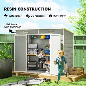 Outsunny 8' x 4' Resin Outdoor Storage Shed with Floor, Window, Lockable Doors and Vents for Backyard Patio Lawn, Light Grey - Image 14