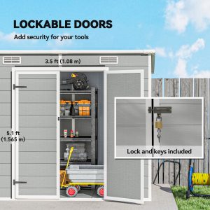 Outsunny 8' x 4' Resin Outdoor Storage Shed with Floor, Window, Lockable Doors and Vents for Backyard Patio Lawn, Light Grey - Image 17