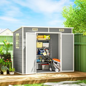 Outsunny 8' x 4' Resin Outdoor Storage Shed with Floor, Window, Lockable Doors and Vents for Backyard Patio Lawn, Light Grey - Image 19