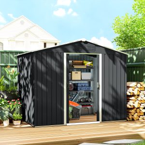 Outsunny 8' x 6' Outdoor Storage Shed, Metal Garden Tool Storage House with Lockable Sliding Doors and Vents for Backyard Patio Lawn, Charcoal Grey - Image 1
