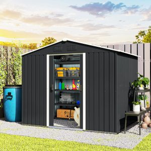 Outsunny 8' x 6' Outdoor Storage Shed, Metal Garden Tool Storage House with Lockable Sliding Doors and Vents for Backyard Patio Lawn, Charcoal Grey - Image 16