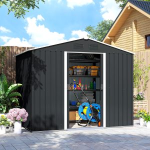 Outsunny 8' x 6' Outdoor Storage Shed, Metal Garden Tool Storage House with Lockable Sliding Doors and Vents for Backyard Patio Lawn, Charcoal Grey - Image 18