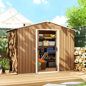 Outsunny 8' x 6' Outdoor Storage Shed, Metal Garden Tool Storage House with Lockable Sliding Doors and Vents for Backyard Patio Lawn, Dark Brown - Image 1