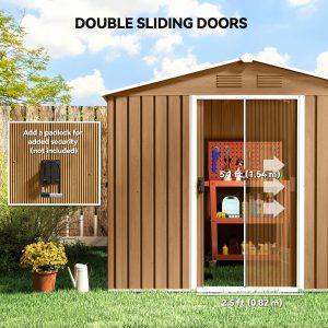 Outsunny 8' x 6' Outdoor Storage Shed, Metal Garden Tool Storage House with Lockable Sliding Doors and Vents for Backyard Patio Lawn, Dark Brown - Image 5