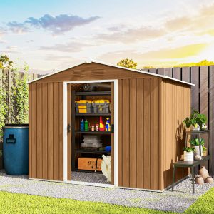 Outsunny 8' x 6' Outdoor Storage Shed, Metal Garden Tool Storage House with Lockable Sliding Doors and Vents for Backyard Patio Lawn, Dark Brown - Image 8