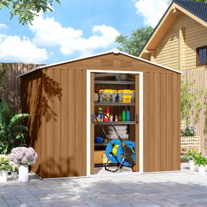 Outsunny 8' x 6' Outdoor Storage Shed, Metal Garden Tool Storage House with Lockable Sliding Doors and Vents for Backyard Patio Lawn, Dark Brown - Image 10