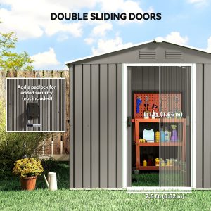 Outsunny 8' x 6' Outdoor Storage Shed, Metal Garden Tool Storage House with Lockable Sliding Doors and Vents for Backyard Patio Lawn, Light Grey - Image 5