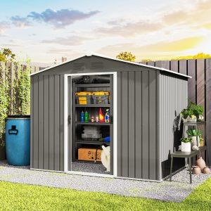 Outsunny 8' x 6' Outdoor Storage Shed, Metal Garden Tool Storage House with Lockable Sliding Doors and Vents for Backyard Patio Lawn, Light Grey - Image 8