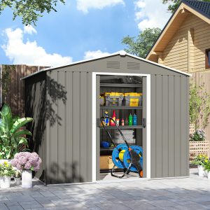 Outsunny 8' x 6' Outdoor Storage Shed, Metal Garden Tool Storage House with Lockable Sliding Doors and Vents for Backyard Patio Lawn, Light Grey - Image 10