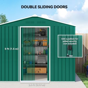 Outsunny 8' x 6' Outdoor Storage Shed, Metal Garden Tool Storage House with Lockable Sliding Doors and Vents, Green - Image 5