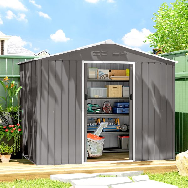 Outsunny 8' x 6' Outdoor Storage Shed, Metal Garden Tool Storage House with Lockable Sliding Doors and Vents, Light Grey - Image 1