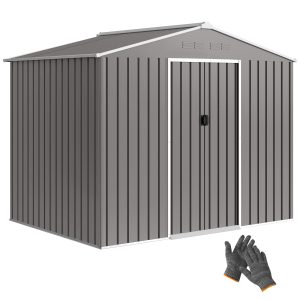 Outsunny 8' x 6' Outdoor Storage Shed, Metal Garden Tool Storage House with Lockable Sliding Doors and Vents, Light Grey - Image 11