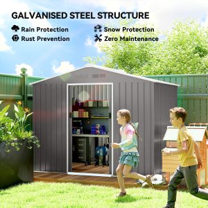Outsunny 8' x 6' Outdoor Storage Shed, Metal Garden Tool Storage House with Lockable Sliding Doors and Vents, Light Grey - Image 4