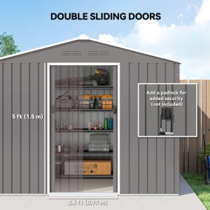 Outsunny 8' x 6' Outdoor Storage Shed, Metal Garden Tool Storage House with Lockable Sliding Doors and Vents, Light Grey - Image 5
