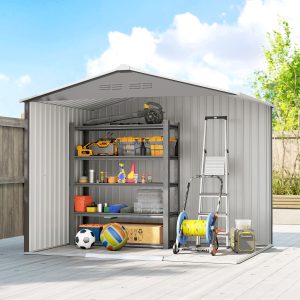 Outsunny 8' x 6' Outdoor Storage Shed, Metal Garden Tool Storage House with Lockable Sliding Doors and Vents, Light Grey - Image 7