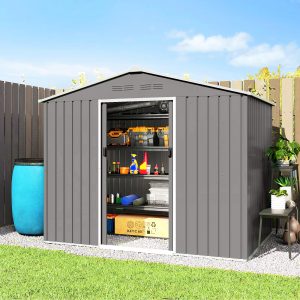 Outsunny 8' x 6' Outdoor Storage Shed, Metal Garden Tool Storage House with Lockable Sliding Doors and Vents, Light Grey - Image 8