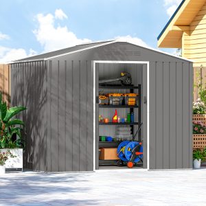 Outsunny 8' x 6' Outdoor Storage Shed, Metal Garden Tool Storage House with Lockable Sliding Doors and Vents, Light Grey - Image 9