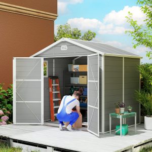Outsunny 8' x 6' Plastic Garden Storage Shed with Latch Door, Vents, Sloped Roof, Light Grey - Image 1