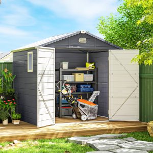 Outsunny 8' x 6' Plastic Garden Storage Shed with Latch Door, Vents, Sloped Roof, Light Grey - Image 1