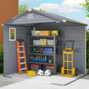Outsunny 8' x 6' Plastic Garden Storage Shed with Latch Door, Vents, Sloped Roof, Light Grey - Image 9