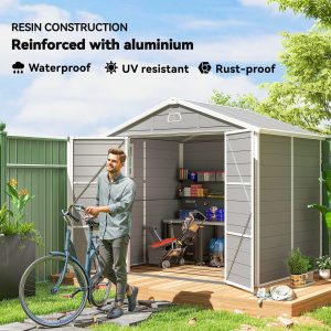 Outsunny 8' x 6' Plastic Garden Storage Shed with Latch Door, Vents, Sloped Roof, Light Grey - Image 4